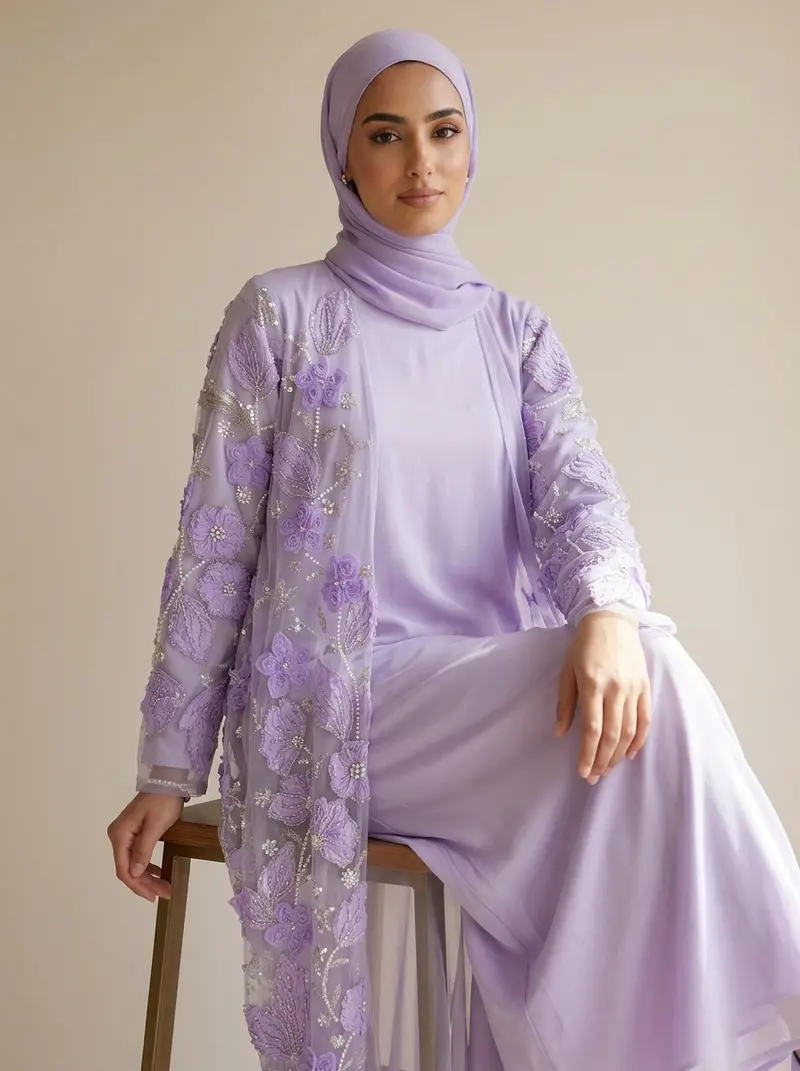 Modest Valoria lilac abaya set seated, showing how the sheer overlayer falls when seated