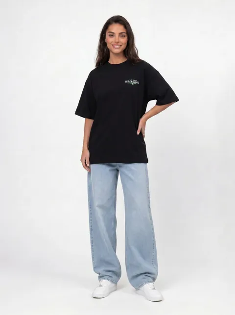 AI-generated full-length front lifestyle shot — model smiling in black tee and jeans