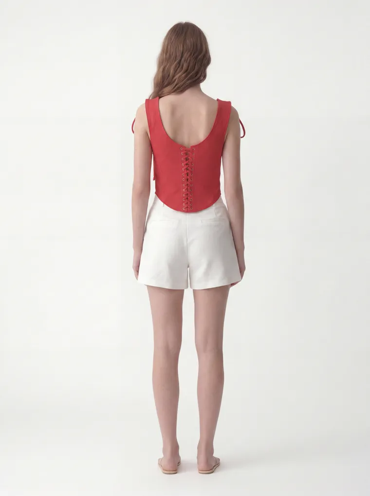MODA AI catalog output — the vest top in red, back view showing the lace-up detail