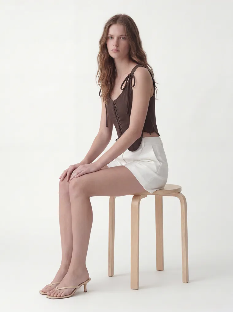 MODA AI catalog output — the vest top in chocolate brown, back view showing the lace-up detail