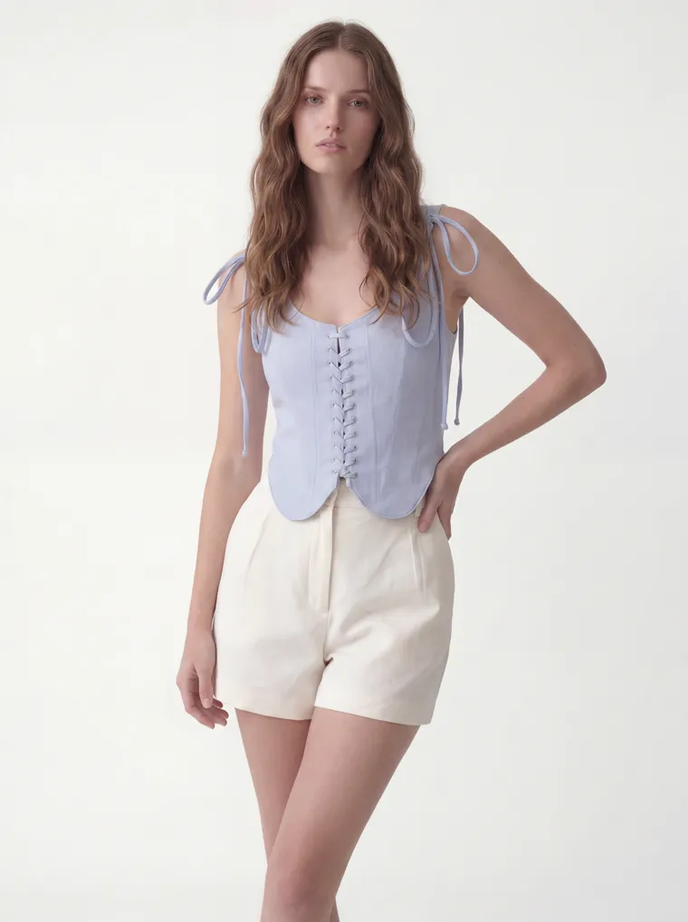 MODA AI catalog output — the vest top in powder blue, back view
