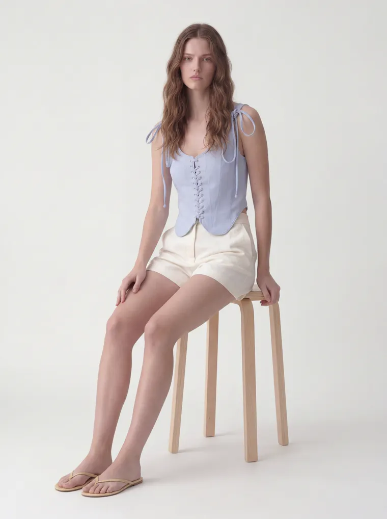 MODA AI catalog output — the vest top in powder blue, seated, same model and studio