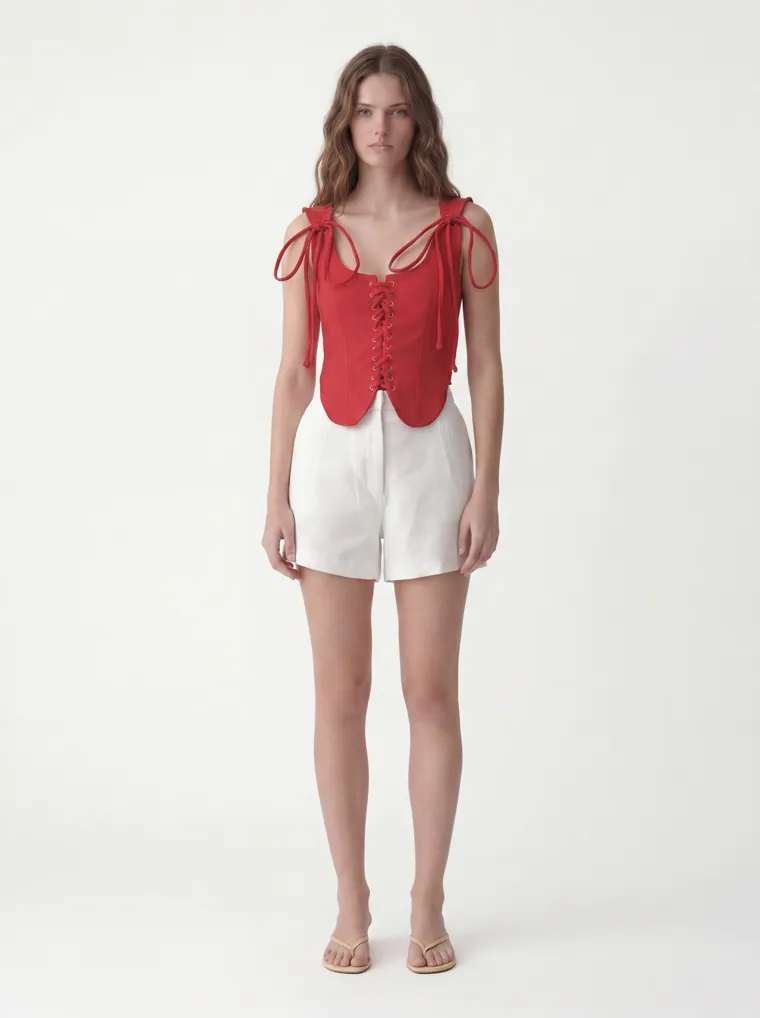 MODA AI catalog output — the lace-up scallop vest top in red on a model, front, clean studio