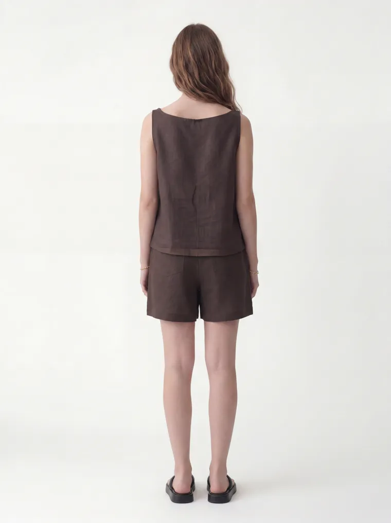 MODA AI catalog output — the linen set in chocolate brown, back view
