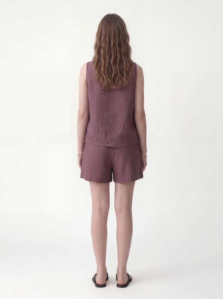 MODA AI catalog output — the linen set in plum, back view