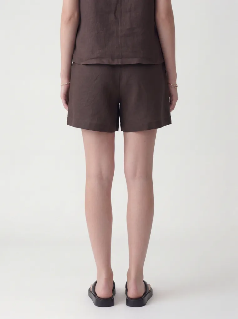 MODA AI catalog output — the linen set in chocolate brown, side profile