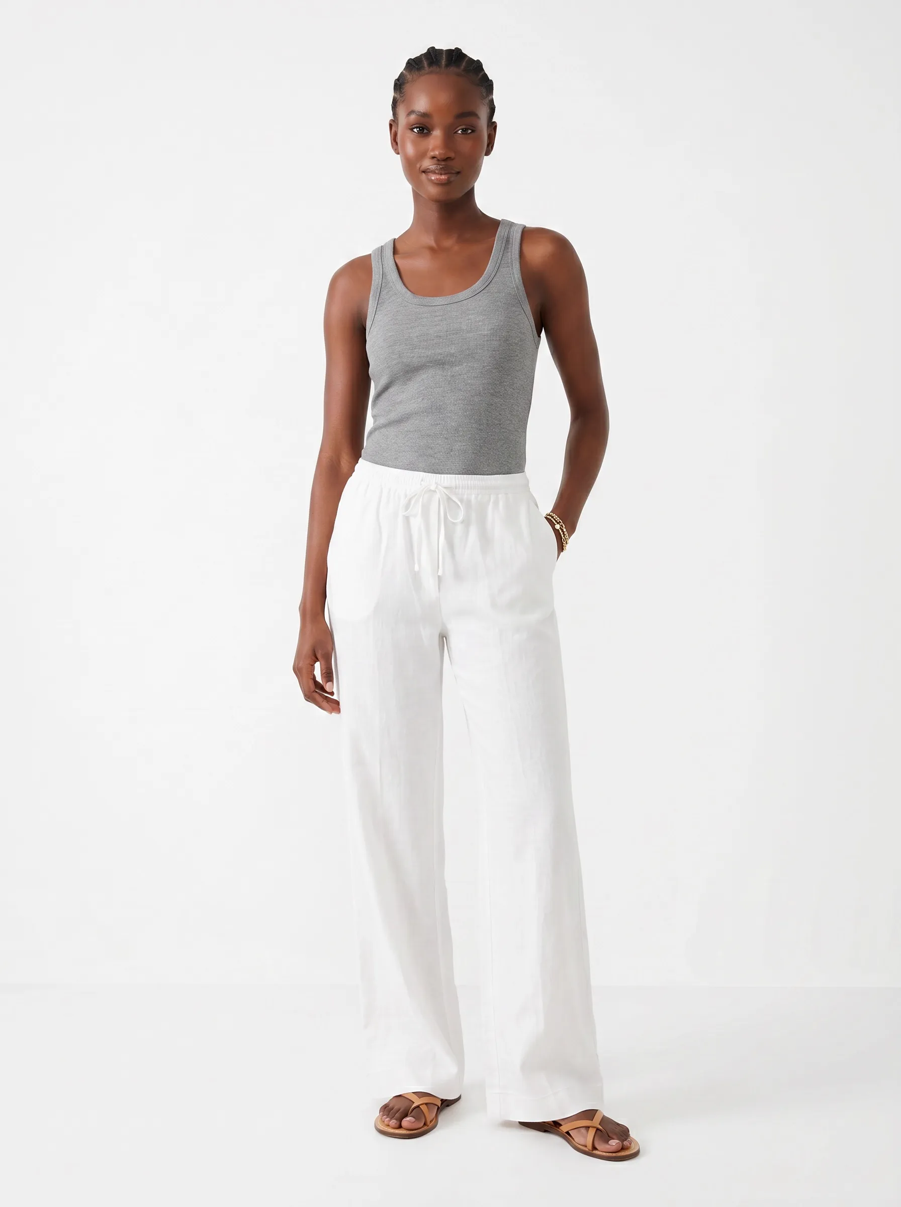 MODA AI catalog output — Black model in gray ribbed tank and white linen wide-leg pants, full body front with brown sandals against clean white studio backdrop