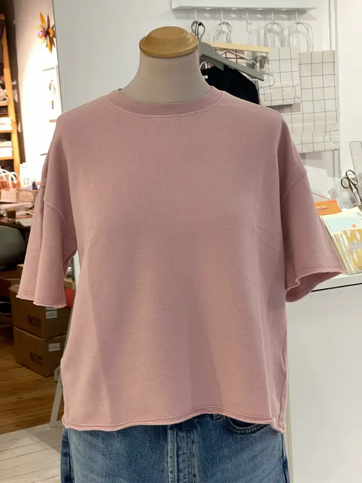 Seller's workshop photo of a pink boxy tee displayed on a tailor's dummy with sewing materials, racks, and bookshelves visible in the background, the original input for the MODA AI catalog generation