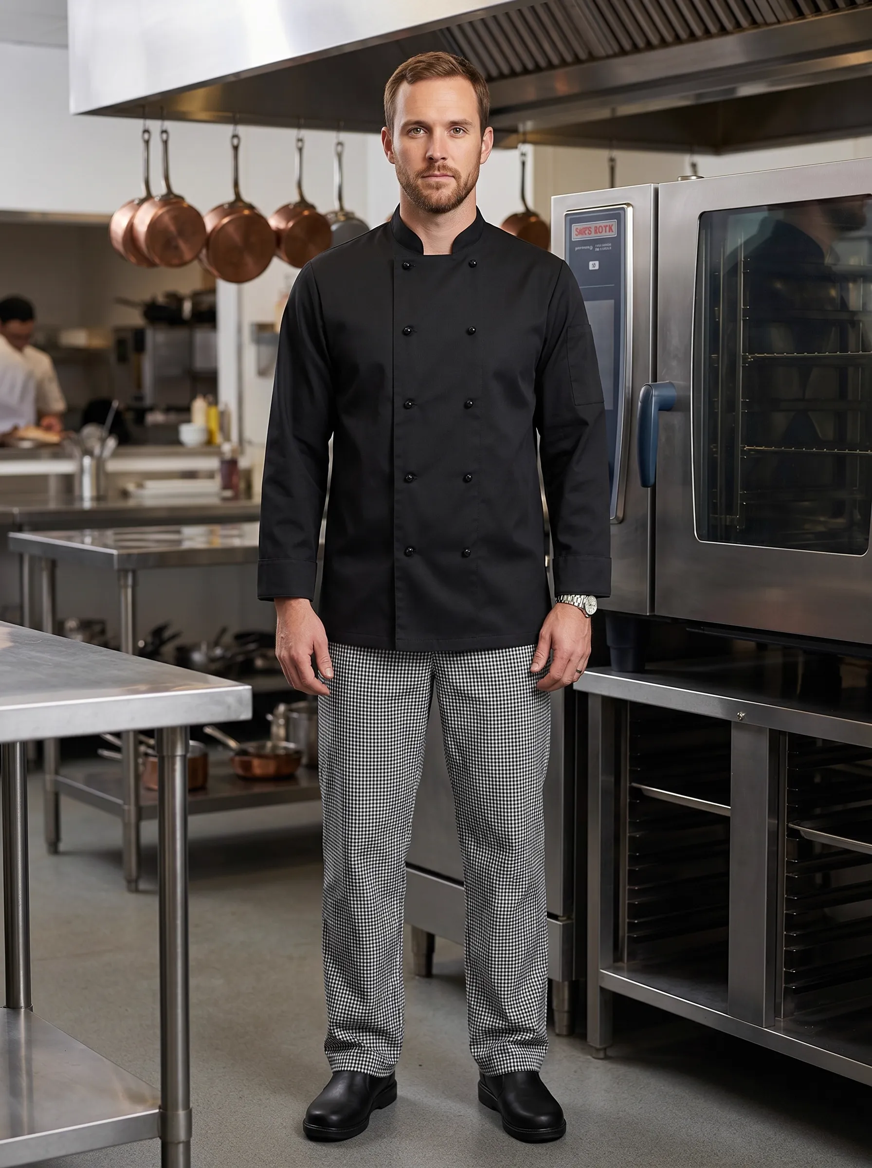 MODA AI workwear photography hero — male chef in classic black double-breasted long-sleeve chef coat and houndstooth check chef pants standing in a real commercial kitchen, copper pans hanging overhead, stainless steel convection oven and stainless prep tables in the background, demonstrating in-environment catalog imagery generated from a ghost mannequin product flat for chef uniform supplier brands