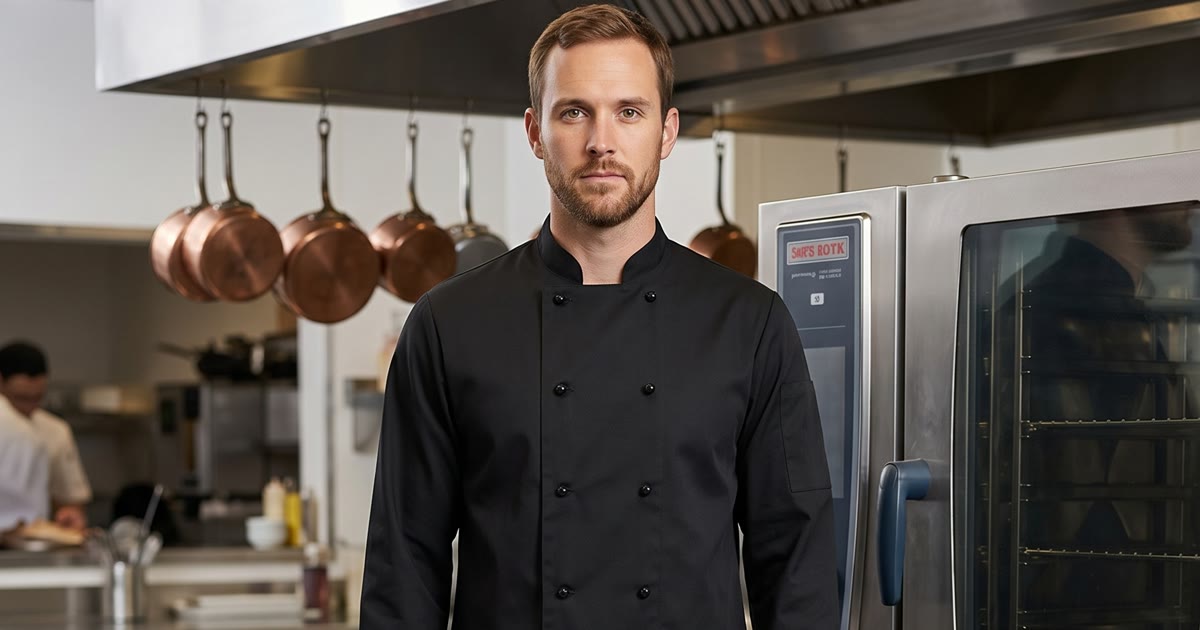 MODA AI workwear photography — male chef in classic black double-breasted chef coat standing in a real commercial kitchen with hanging copper pans and stainless steel convection oven, demonstrating in-environment catalog imagery for chef uniform brands