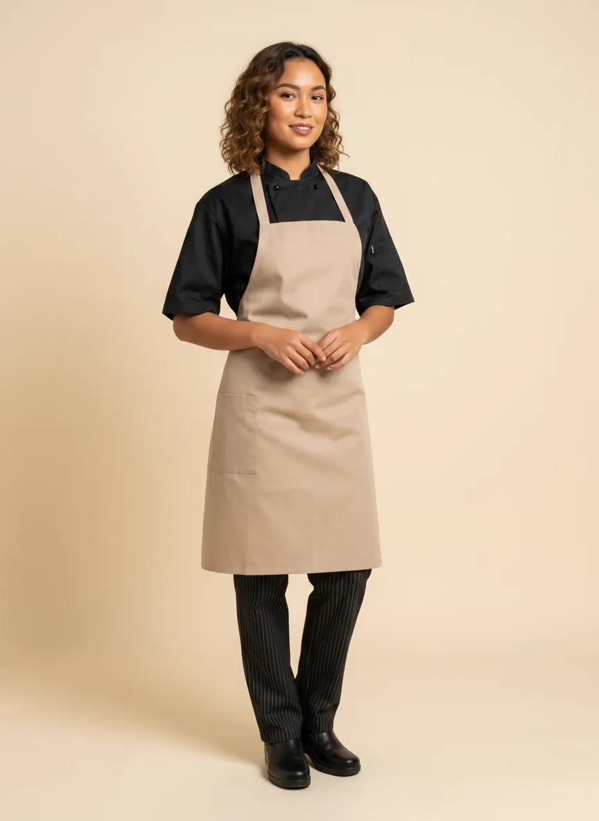 MODA AI output — three-quarter view of female chef in tan apron and chef coat showing the side drape and tie of the apron in catalog framing