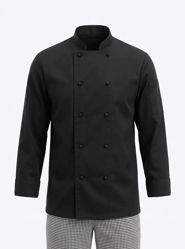 Input — classic black double-breasted long-sleeve chef coat displayed as a ghost mannequin product flat on transparent body against pure white background, the typical product image format used across chef uniform supplier websites