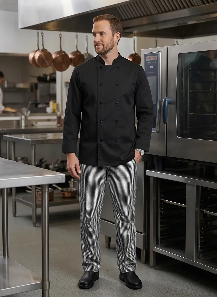 MODA AI catalog frame from ghost mannequin to real commercial kitchen walkthrough — chef uniform output 2 demonstrating multi-angle catalog imagery for B2B workwear brands