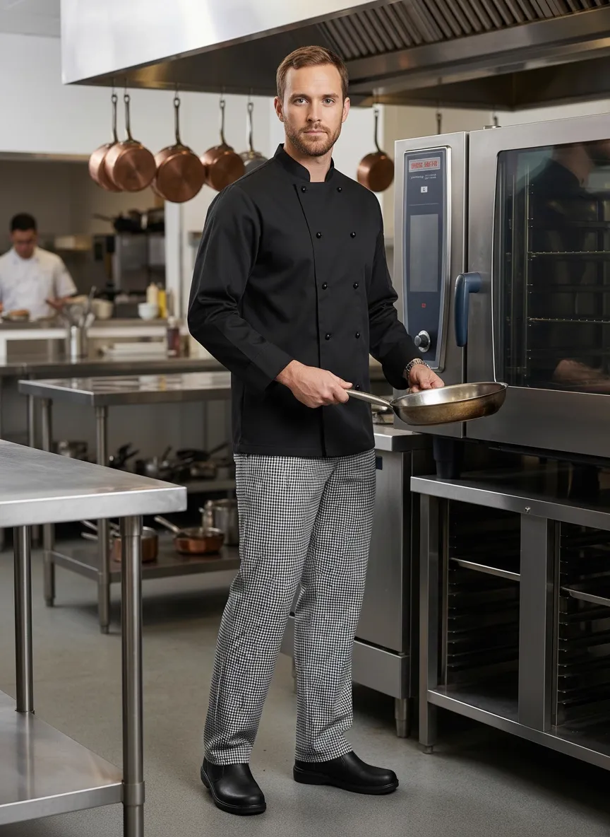MODA AI output — same chef holding a stainless steel saute pan in the kitchen environment, lifestyle catalog shot showing the chef coat during a working pose with kitchen line context