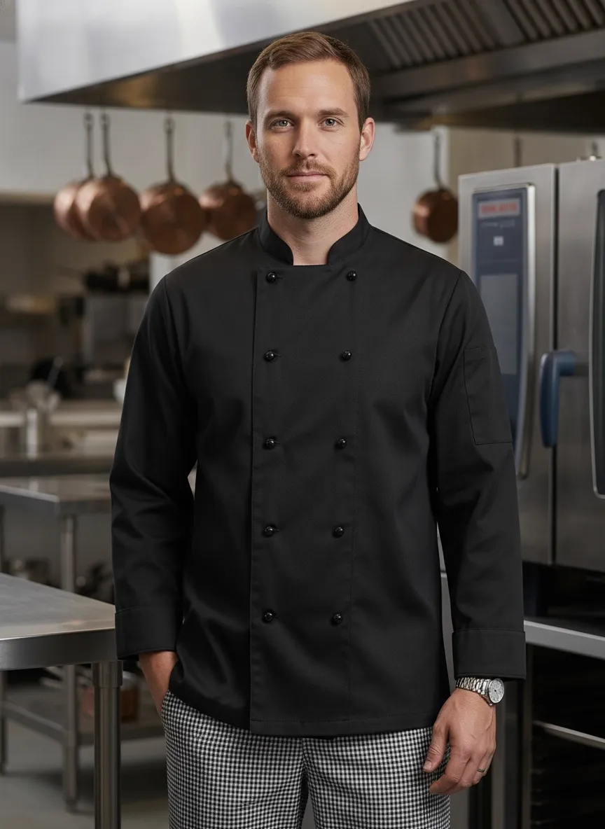 MODA AI output — chef close-up portrait in black double-breasted chef coat with copper pans in the background, editorial PDP frame showing the button construction and collar at scale