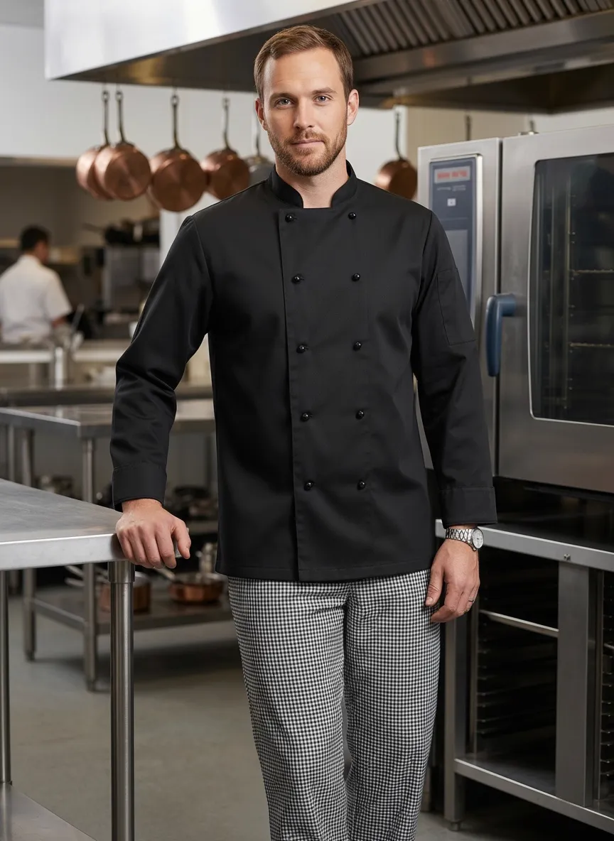MODA AI catalog frame from ghost mannequin to real commercial kitchen walkthrough — chef uniform output 5 demonstrating multi-angle catalog imagery for B2B workwear brands