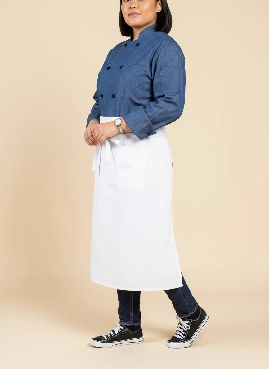 MODA AI output — walking pose of plus-size female chef in denim chef coat and white waist apron, catalog shot showing the uniform in lifestyle movement