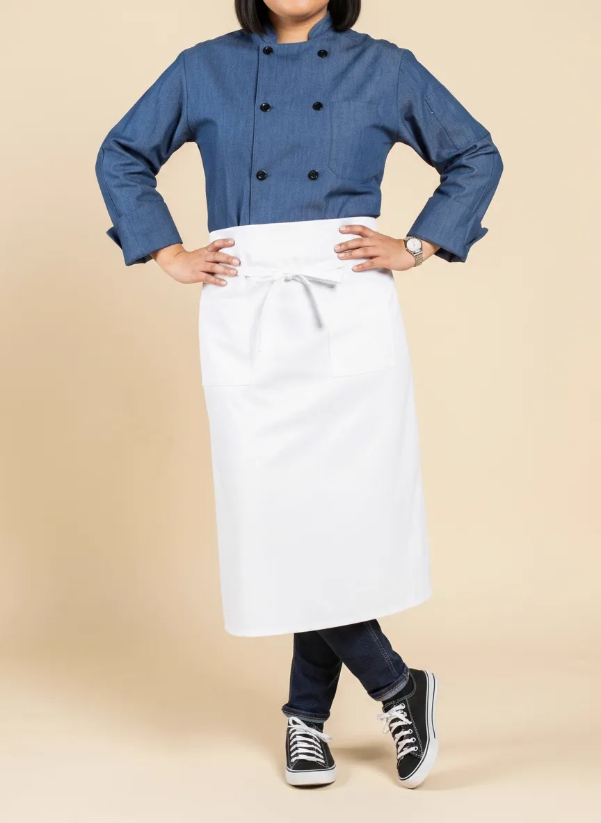 MODA AI catalog frame from denim chef coat with white apron walkthrough — chef uniform output 4 demonstrating multi-angle catalog imagery for B2B workwear brands