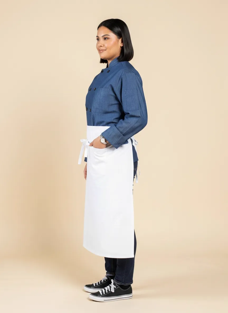 MODA AI catalog frame from denim chef coat with white apron walkthrough — chef uniform output 5 demonstrating multi-angle catalog imagery for B2B workwear brands