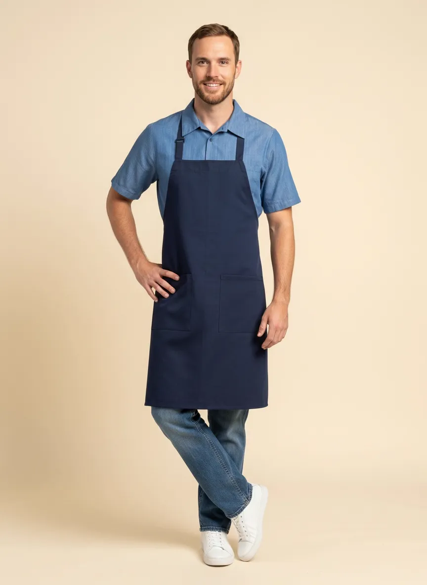 MODA AI output — three-quarter view of same server with hand on hip, casual posed catalog shot showing the apron tie and silhouette