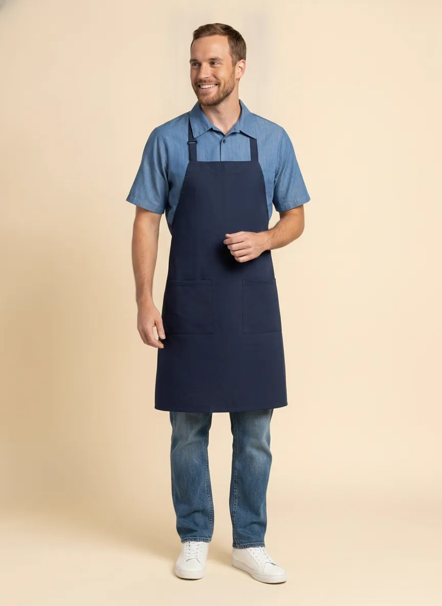 MODA AI catalog frame from navy bib apron and chambray shirt walkthrough — chef uniform output 3 demonstrating multi-angle catalog imagery for B2B workwear brands