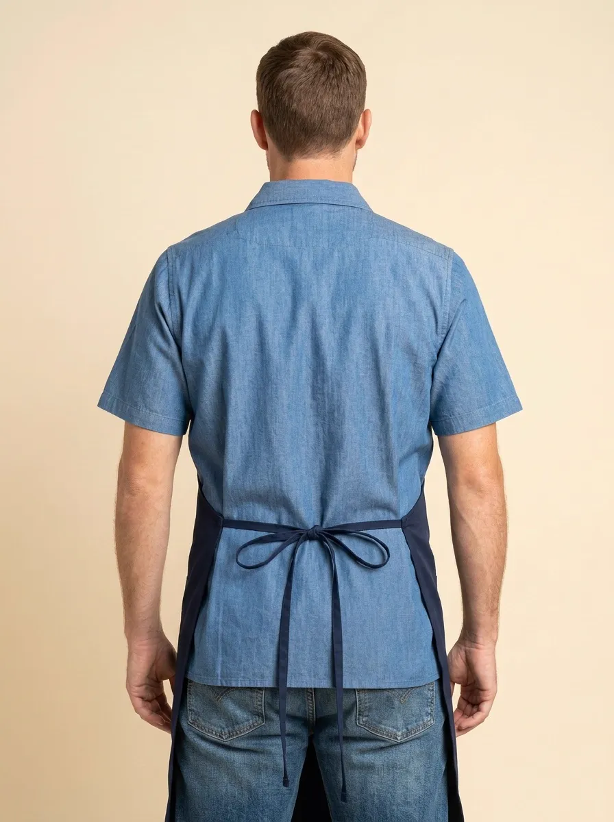 MODA AI catalog frame from navy bib apron and chambray shirt walkthrough — chef uniform output 4 demonstrating multi-angle catalog imagery for B2B workwear brands
