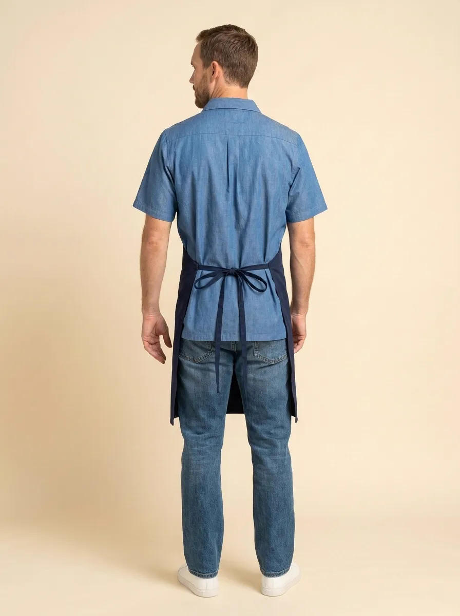 MODA AI output — back view of bearded server in navy bib apron showing the back tie, strap, and chambray shirt silhouette