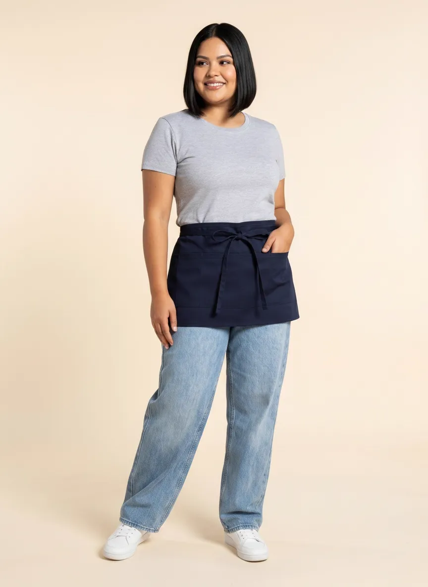 MODA AI catalog frame from short navy waist apron, server / barista walkthrough — chef uniform output 2 demonstrating multi-angle catalog imagery for B2B workwear brands
