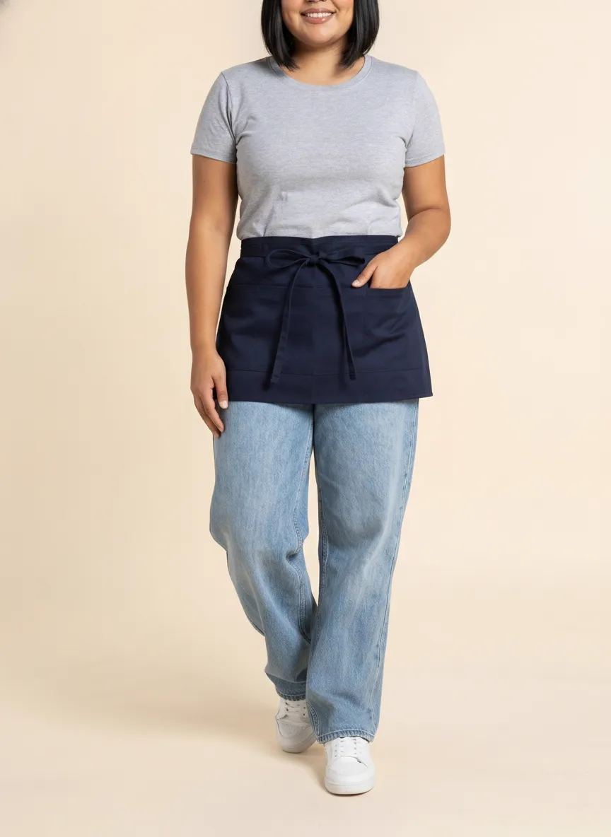 MODA AI output — three-quarter front view of same server walking, showing the apron in lifestyle movement