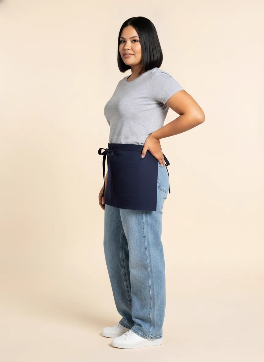 MODA AI output — close-up of plus-size female server in short navy waist apron with hand pulling the apron tie, detail shot showing the fit and construction