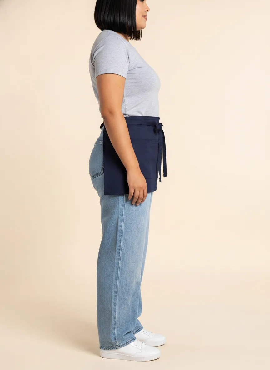 MODA AI catalog frame from short navy waist apron, server / barista walkthrough — chef uniform output 5 demonstrating multi-angle catalog imagery for B2B workwear brands