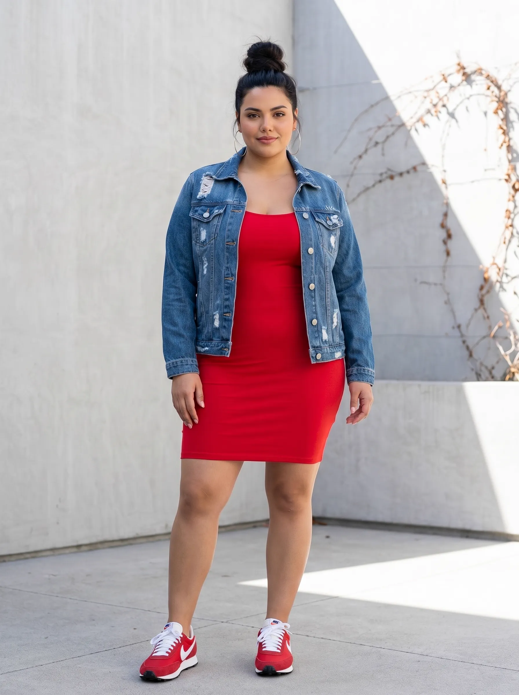 MODA AI recataloging output — brunette plus-size model in same red mini dress now layered with faded blue denim jacket and red sneakers, against sunlit concrete wall with overhead vine shadows, fall transitional styling
