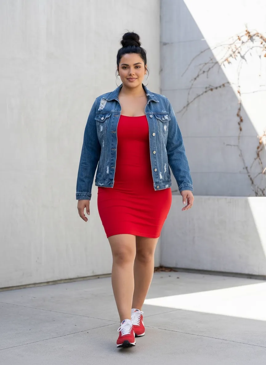 MODA AI recataloging output — side profile of same model in red mini and denim jacket, demonstrating the layered fall transition look from a new angle
