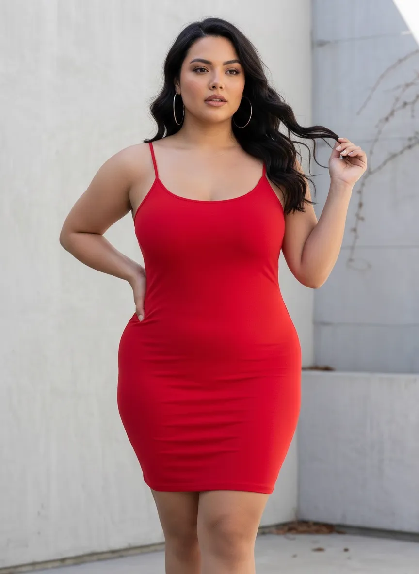 MODA AI recataloging output — three-quarter front of model adjusting denim jacket layered over red mini dress, lifestyle pose showing both the jacket and the dress underneath
