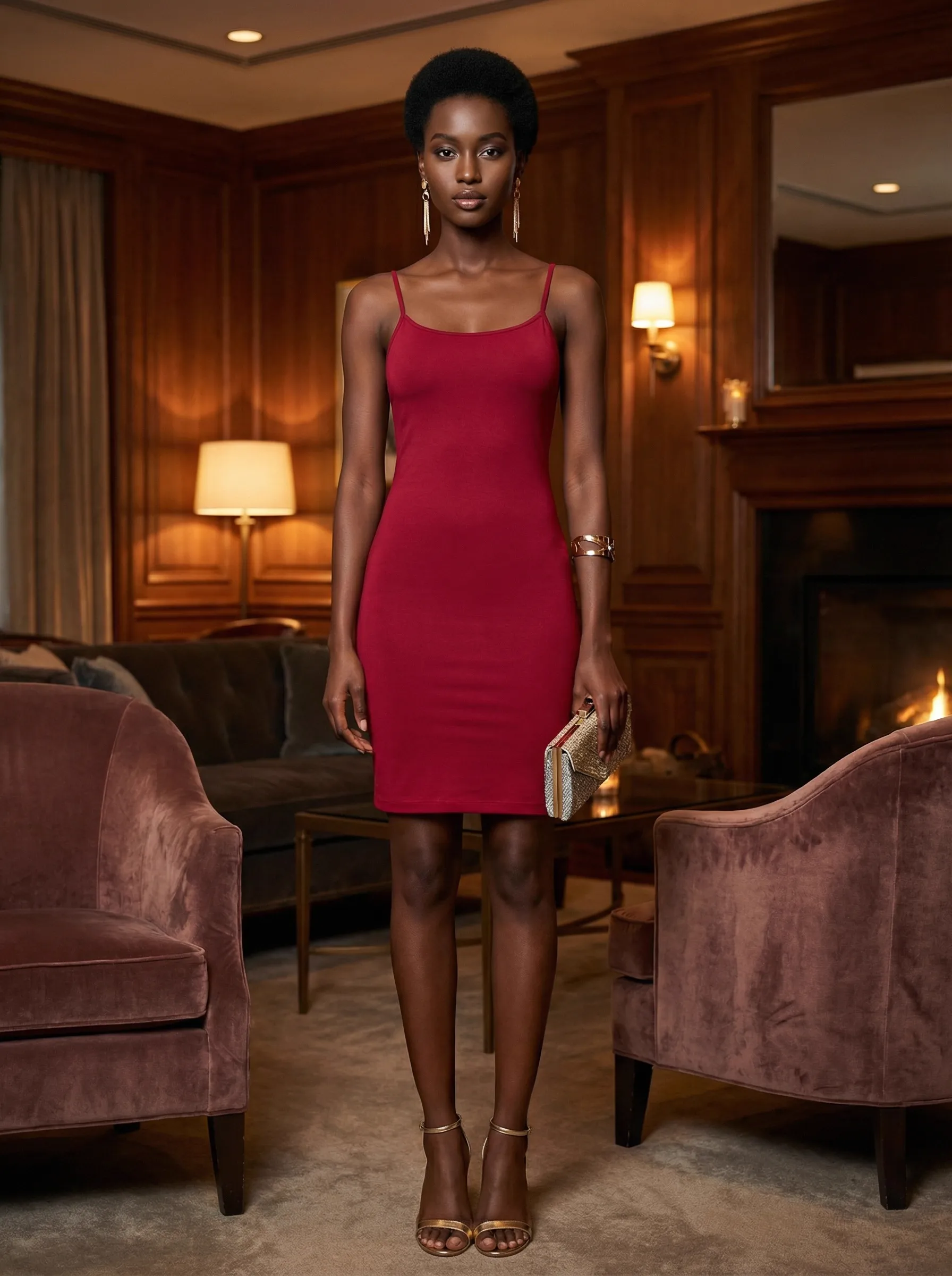 Input — Black model in deep red mini dress photographed in luxury wood-paneled library with fireplace, gold clutch and strappy heels, the original cocktail-evening catalog shot