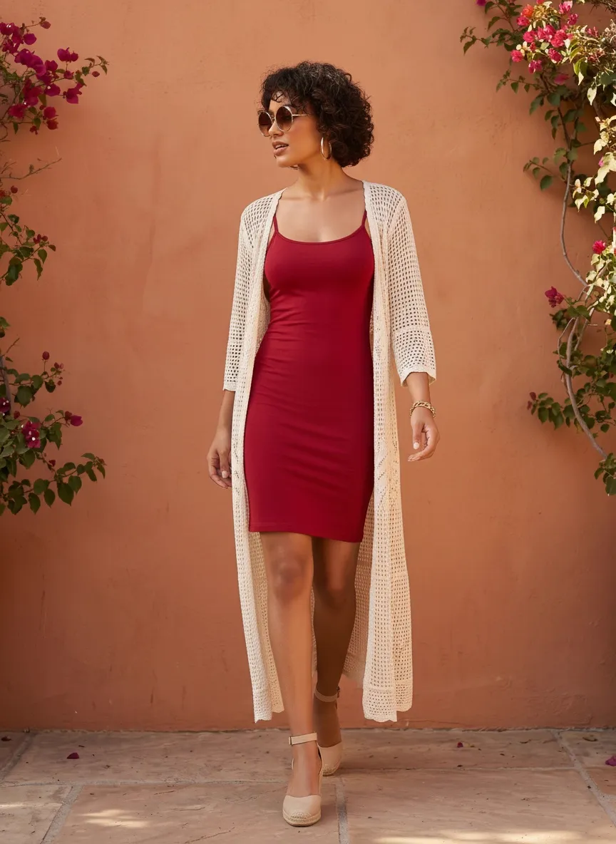 MODA AI recataloging output — side view of model in red dress and crochet cardigan duster, bougainvillea framing the shot, summer Mediterranean catalog frame