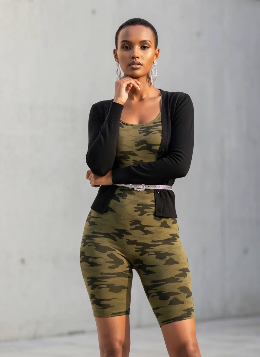 MODA AI recataloging output — close-up of model with crossed arms and hand on chin in styled camo romper with black cardigan and silver belt, demonstrating restyled streetwear detail
