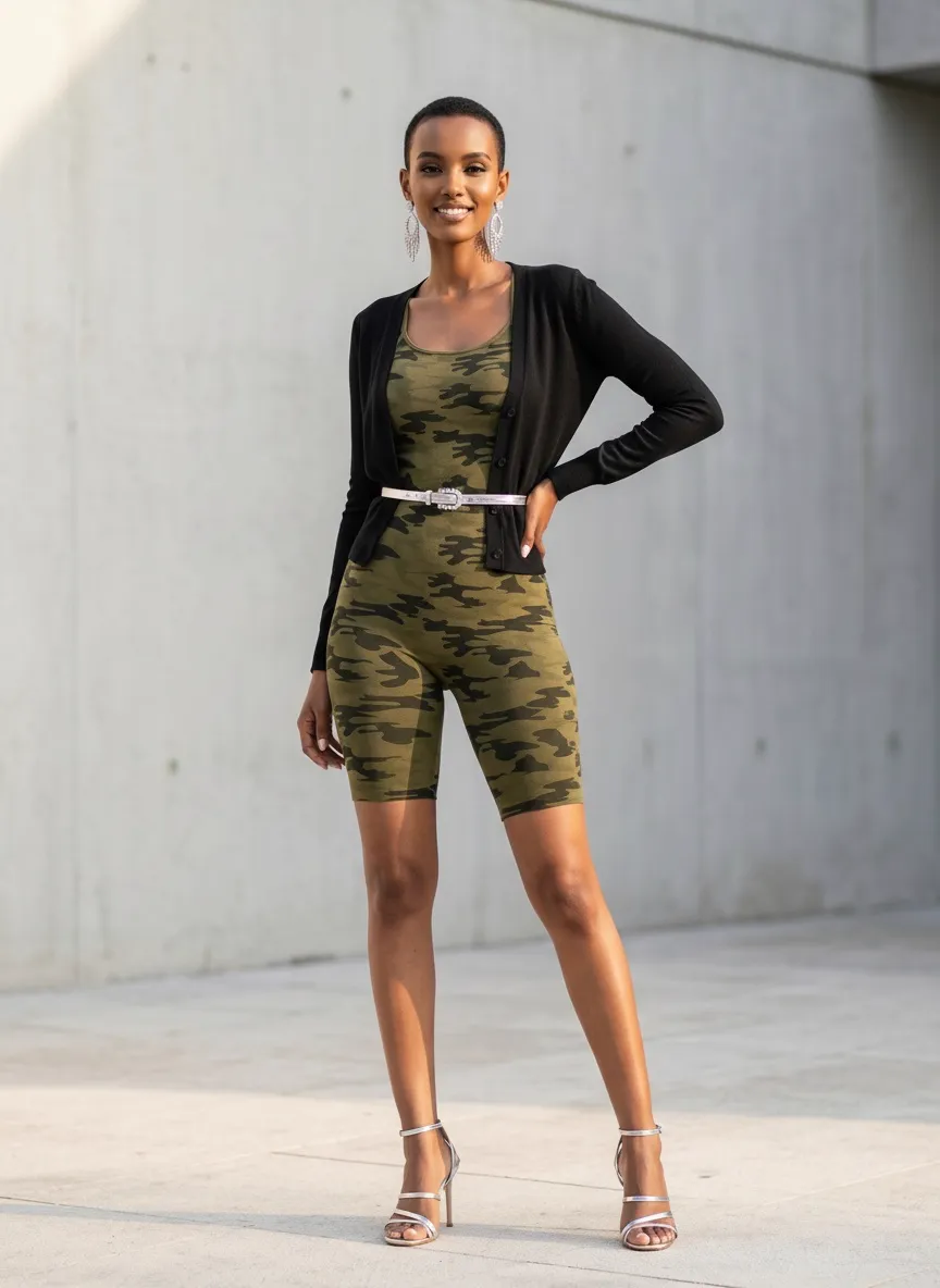 MODA AI recataloging output — close-up of model in styled camo romper showing the cardigan and silver belt detail at the waist