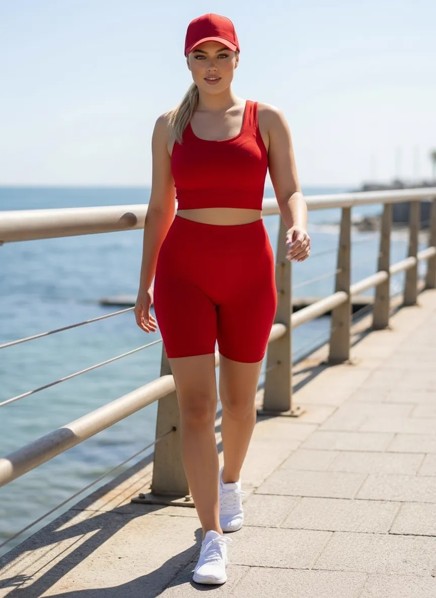 Input — blonde model in red sports bra and matching bike shorts with red baseball cap and white sneakers on a sunlit beach pier with ocean and railing visible, the original athletic/workout catalog shot