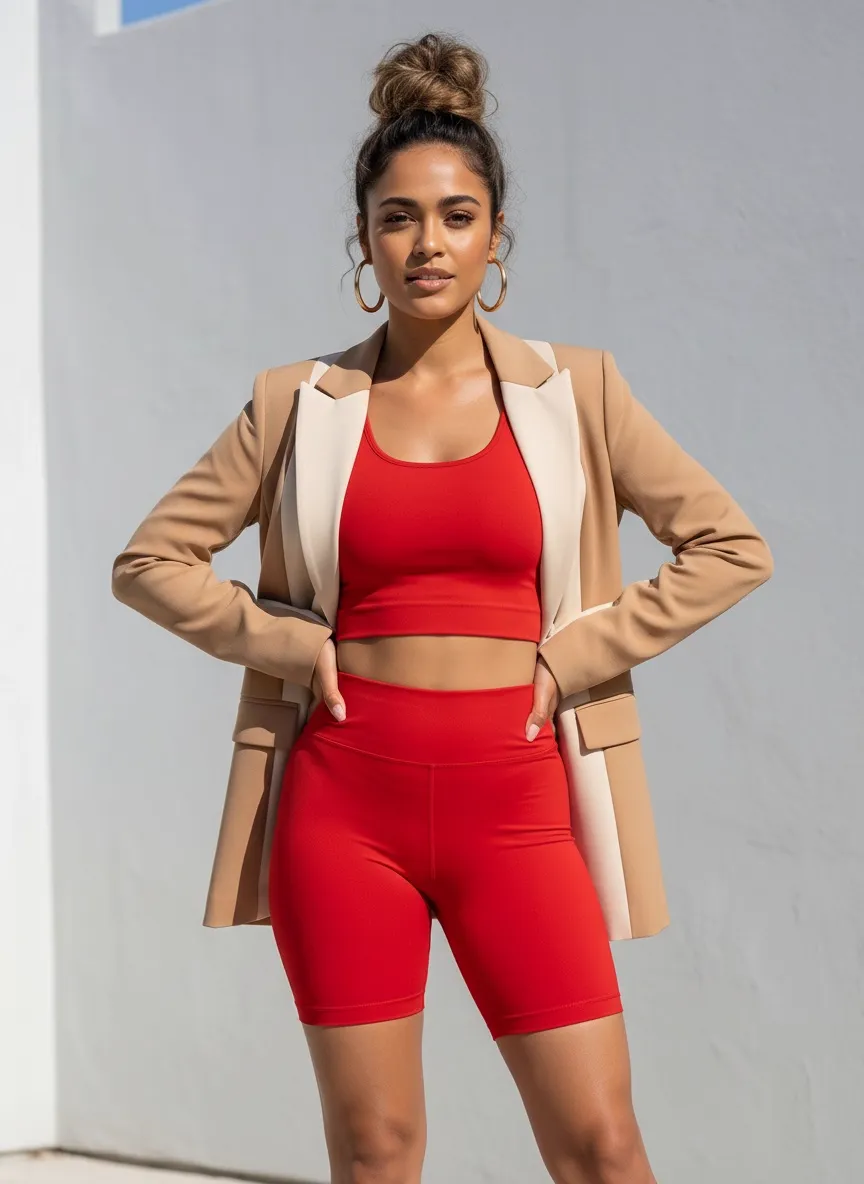 MODA AI recataloging output — three-quarter back view of model showing red boots, camel blazer drape, and the styled silhouette of the recataloged athletic set
