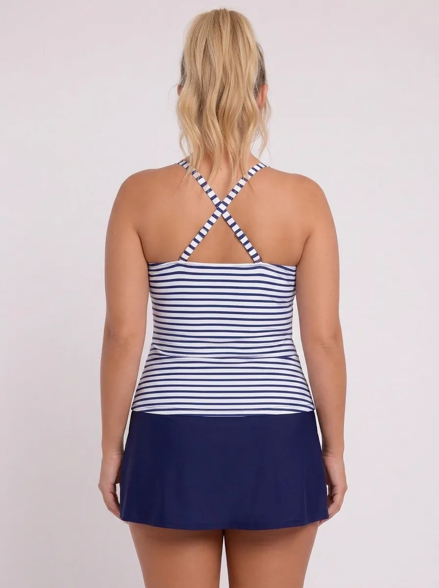 MODA AI swimwear detail — back view of navy and white striped tankini with ruffled peplum hem and matching solid navy swim skirt, demonstrating crisp stripe alignment and color contrast preservation