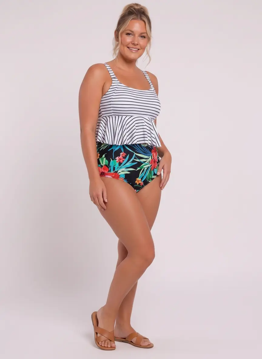 MODA AI swimwear catalog output 20 — body-inclusive swim photography demonstrating range across colorways, garment styles, and body types for Shopify swim brands