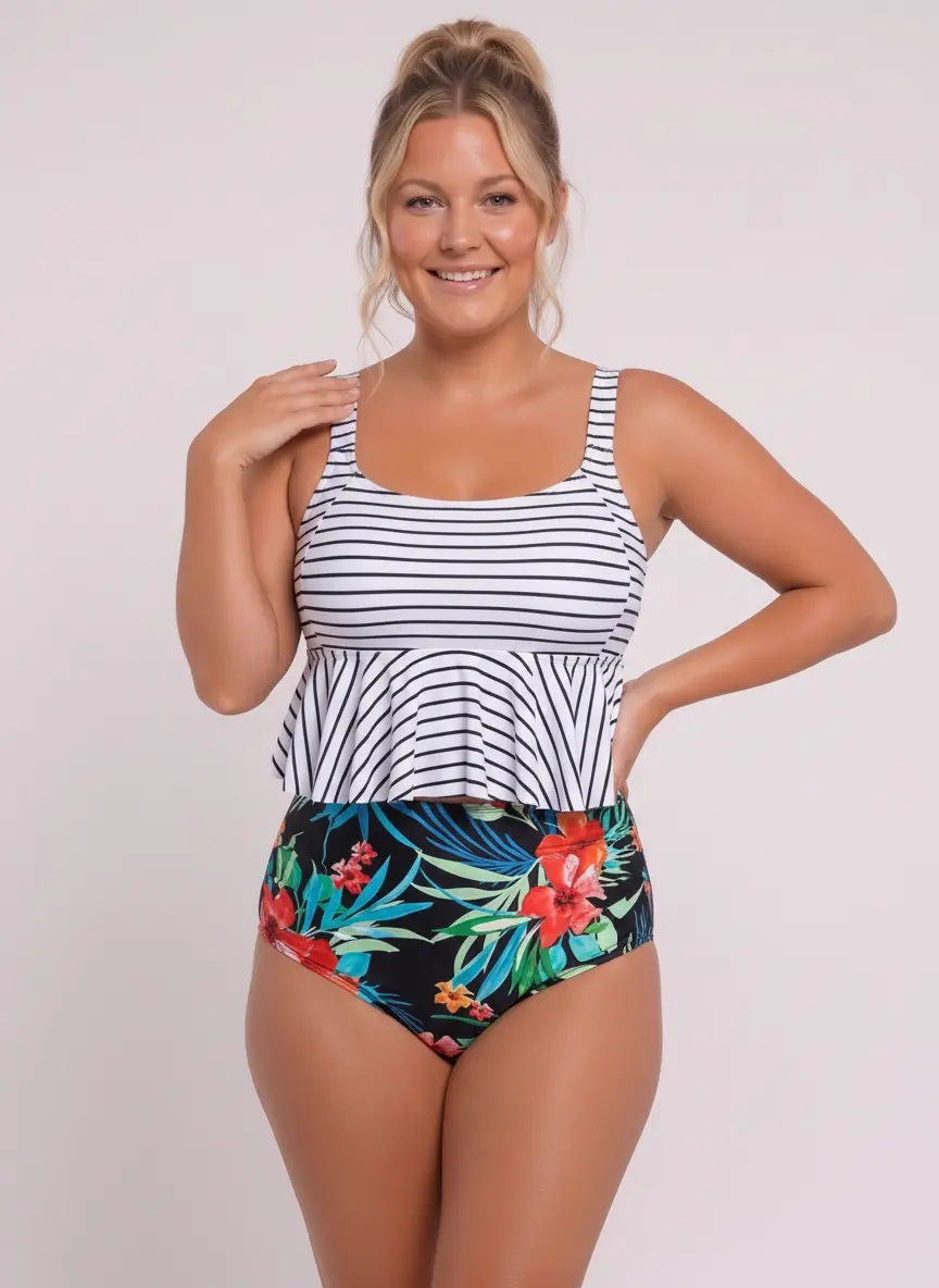 MODA AI swimwear catalog output 22 — body-inclusive swim photography demonstrating range across colorways, garment styles, and body types for Shopify swim brands