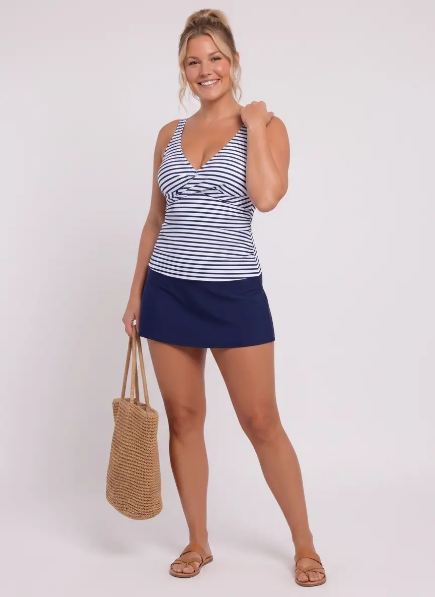 MODA AI swimwear catalog output 24 — body-inclusive swim photography demonstrating range across colorways, garment styles, and body types for Shopify swim brands