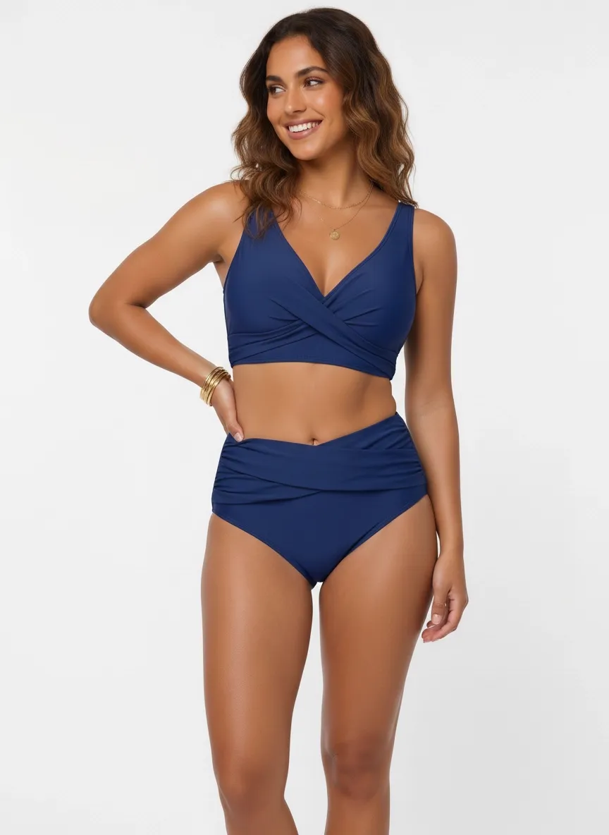 MODA AI swimwear output 3 — slim brunette model in navy twist-front bikini, demonstrating consistent twist construction and rise position across catalog angles