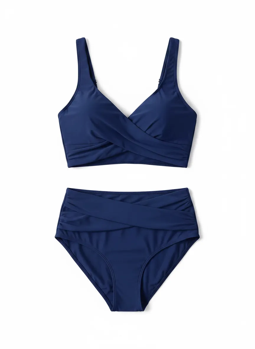 MODA AI swimwear output 9 — slim brunette model in navy twist-front bikini, demonstrating consistent twist construction and rise position across catalog angles