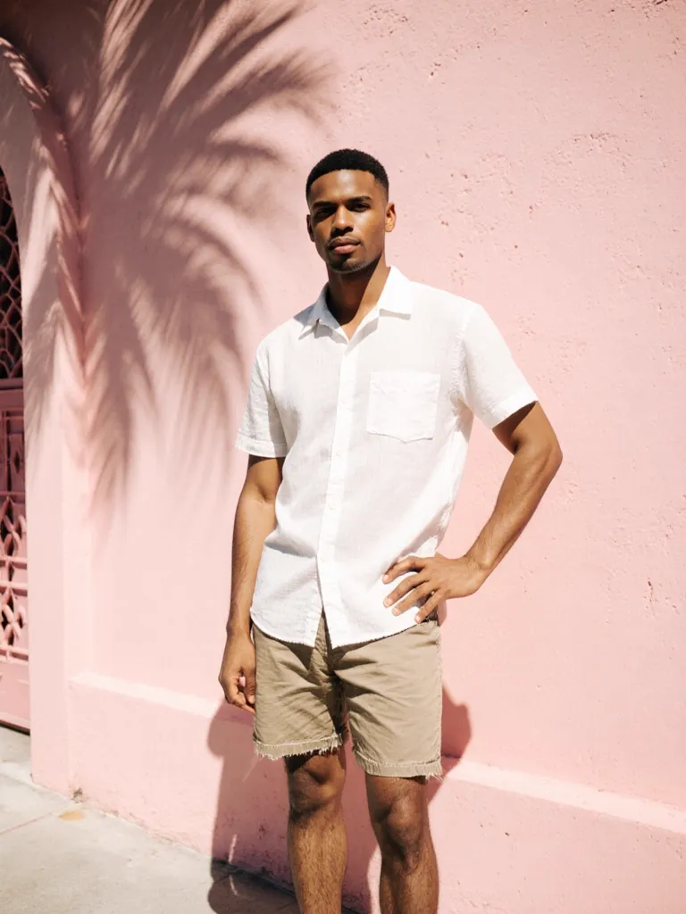 MODA AI editorial output — male model in Miami Art Deco district, demonstrating location range and cinematic quality