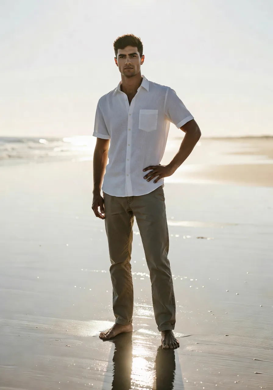 MODA AI editorial output — male model on wet reflective sand beach, demonstrating location control and atmospheric lighting