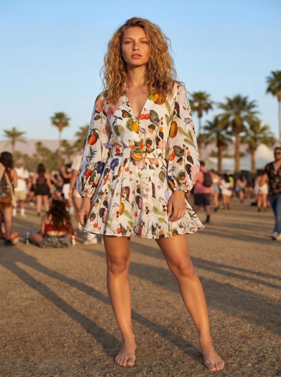 Botika output for the Forever New floral dress — blonde model in Coachella-style festival scene, barefoot on festival ground