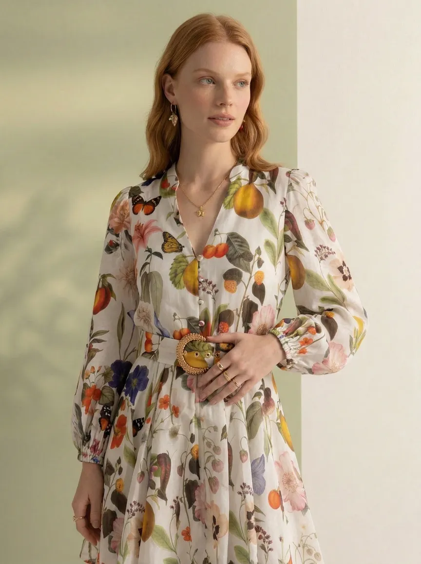 MODA AI catalog angle 2 for the Forever New floral dress — side print detail, belt-buckle close-up, or back print from the same one-credit set